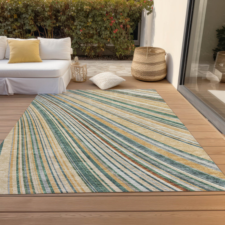 Beige and White Striped Synthetic 5' x 7' Washable Rug