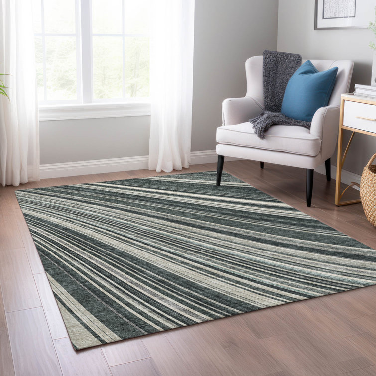 Black and Gray Striped Synthetic Washable Rug, 3' x 5'