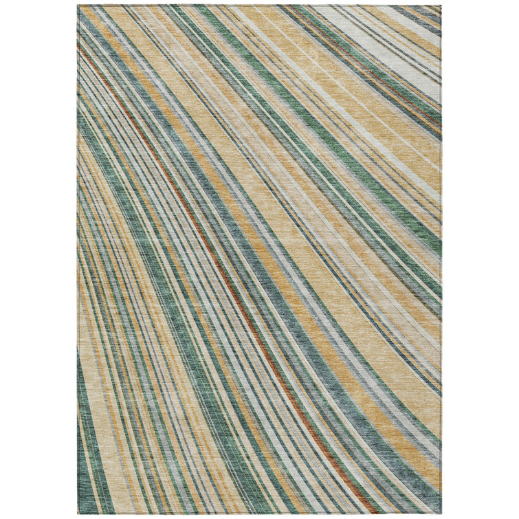 Beige and White Striped Synthetic 5' x 7' Washable Rug
