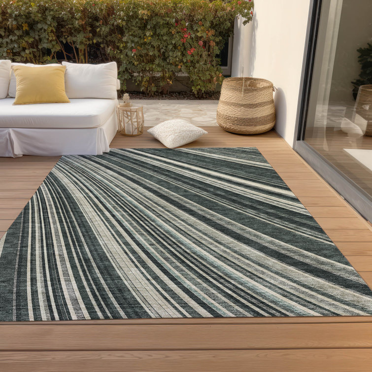 Black and Gray Striped Synthetic Washable Rug, 3' x 5'