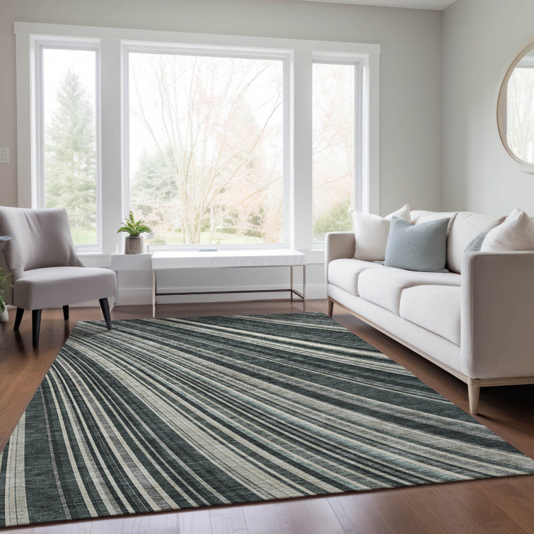 Black and Gray Striped Synthetic Washable Rug, 3' x 5'