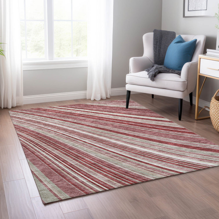 Garnet Red and White Striped Synthetic Washable Rug 2'6" x 3'10"