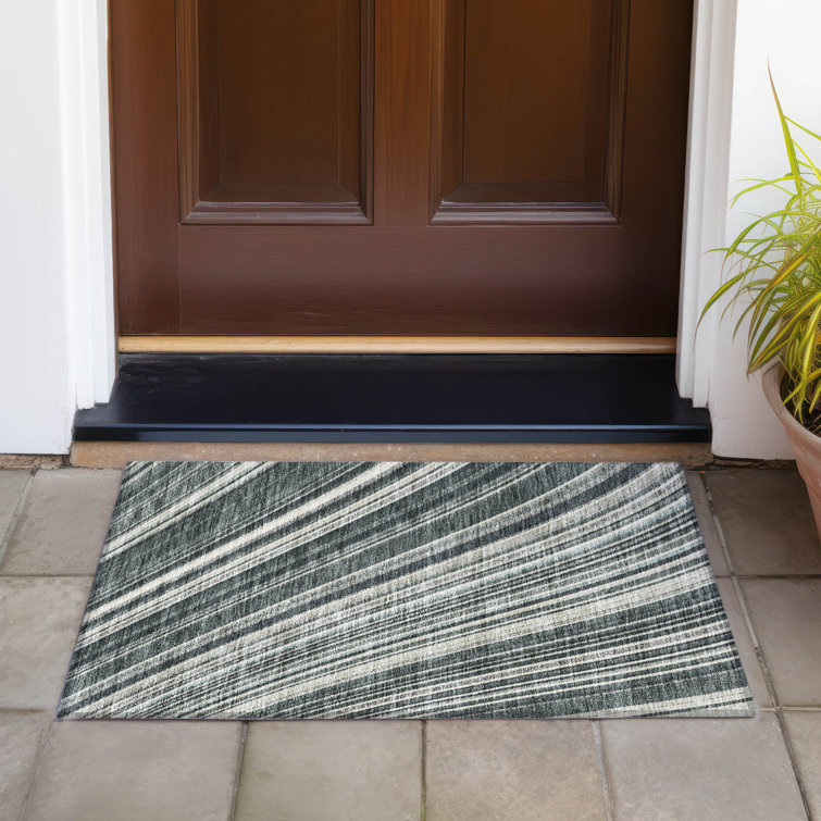Black and Gray Striped Synthetic Washable Rug 1'8" x 2'6"