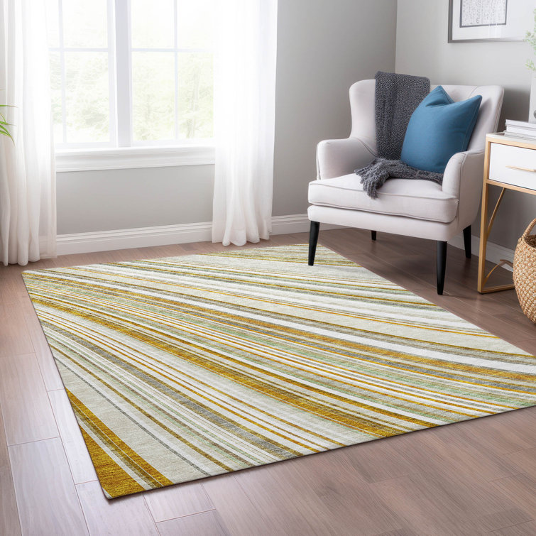 Ivory and Gray Striped Machine-Washable Indoor/Outdoor Rug