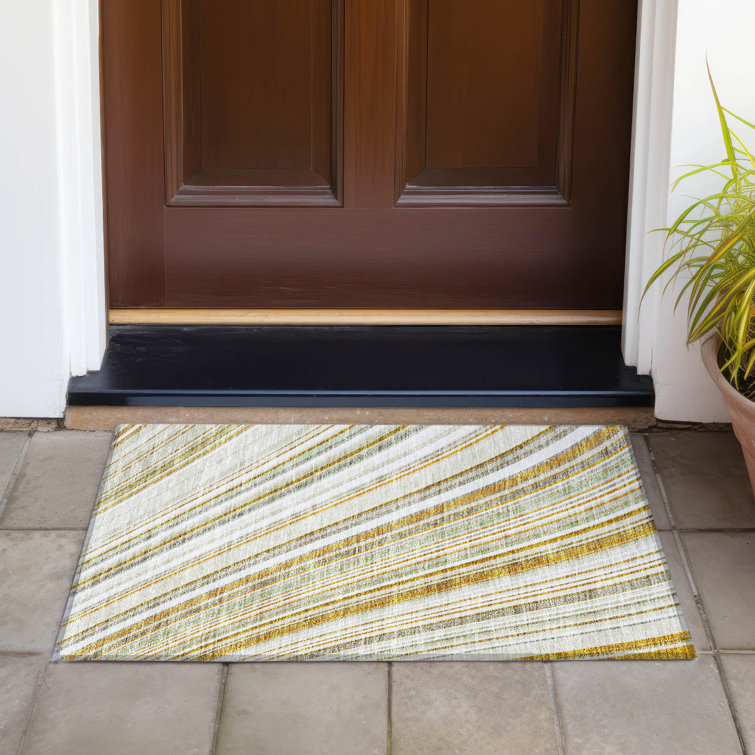 Ivory and Gray Rectangular Synthetic Stripe Rug 1'8" x 2'6"