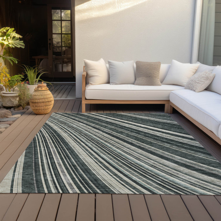 Black and Gray Striped Synthetic Washable Rug, 3' x 5'