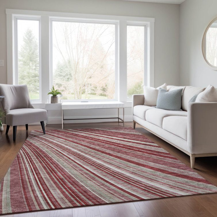 Garnet Red and White Striped Synthetic Washable Rug 2'6" x 3'10"