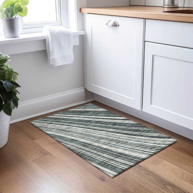 Black and Gray Striped Synthetic Washable Rug 1'8" x 2'6"