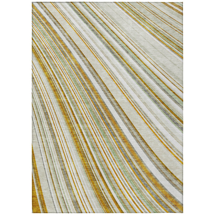 Ivory and Gray Striped Machine-Washable Indoor/Outdoor Rug