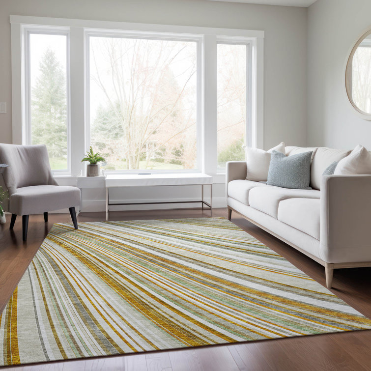 Ivory and Gray Striped Machine-Washable Indoor/Outdoor Rug