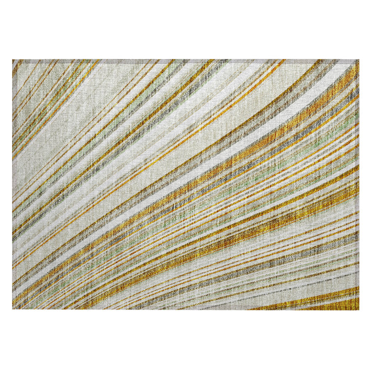 Ivory and Gray Rectangular Synthetic Stripe Rug 1'8" x 2'6"