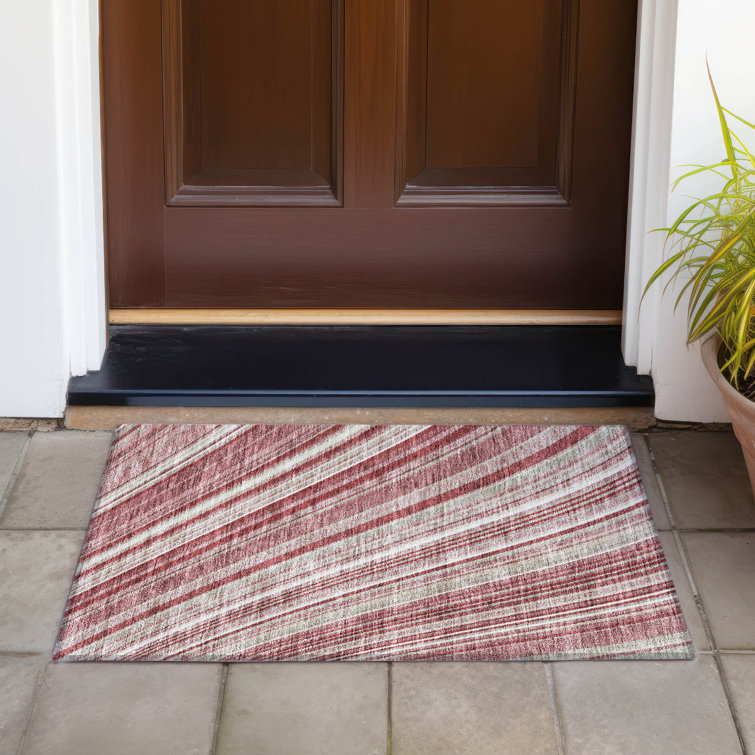 Garnet Red Stripe Synthetic Washable Rectangular Rug 1'8" x 2'6"