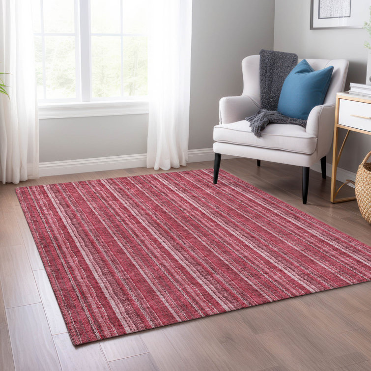Pink and White Striped Synthetic Indoor/Outdoor Washable Rug