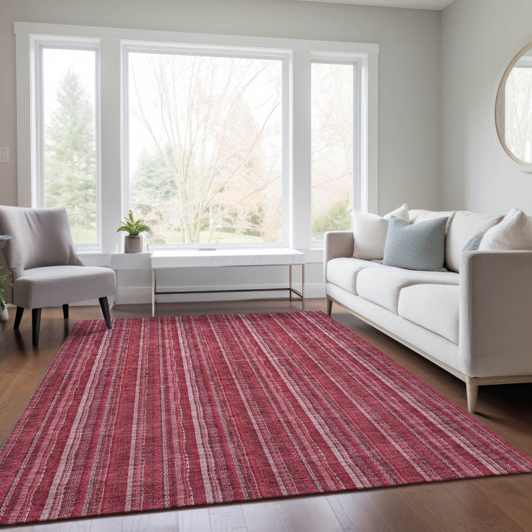 Pink and White Striped Synthetic Indoor/Outdoor Washable Rug