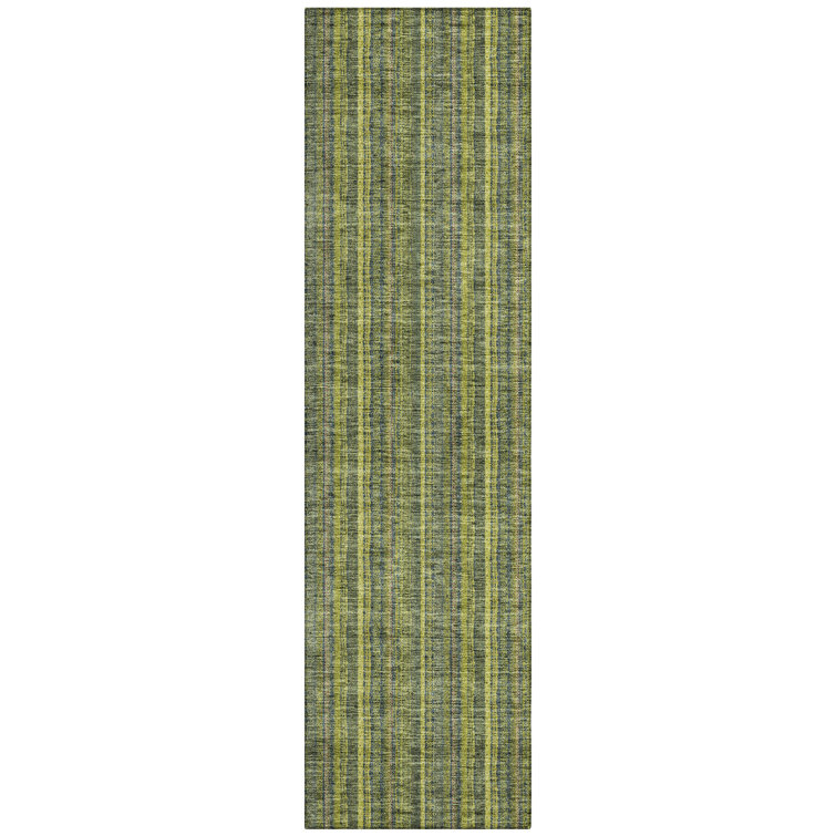 Olive and White Striped Synthetic Indoor/Outdoor Runner Rug