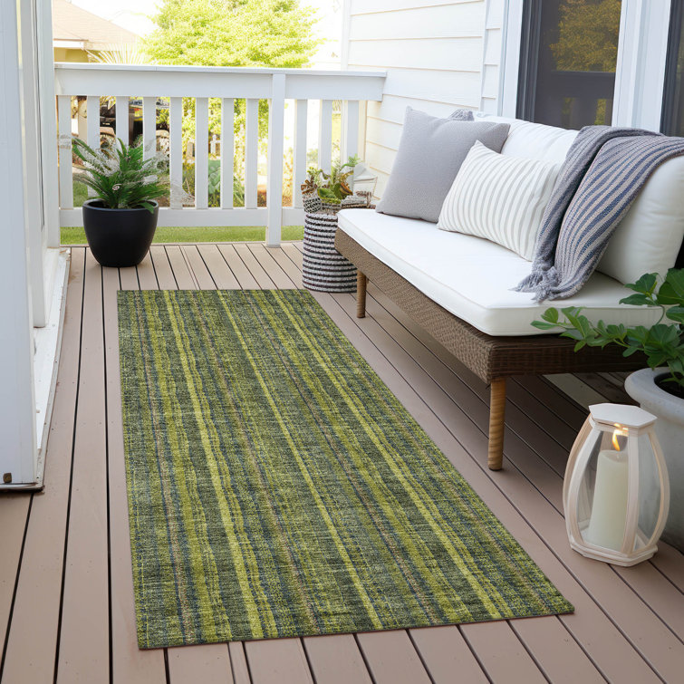 Olive and White Striped Synthetic Indoor/Outdoor Runner Rug