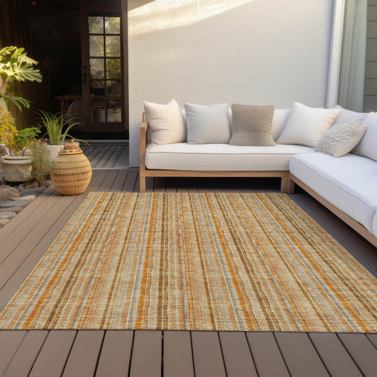Peach and White Striped Synthetic Rectangular Washable Rug
