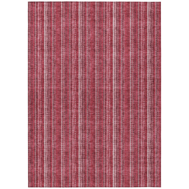 Pink and White Striped Synthetic Indoor/Outdoor Washable Rug