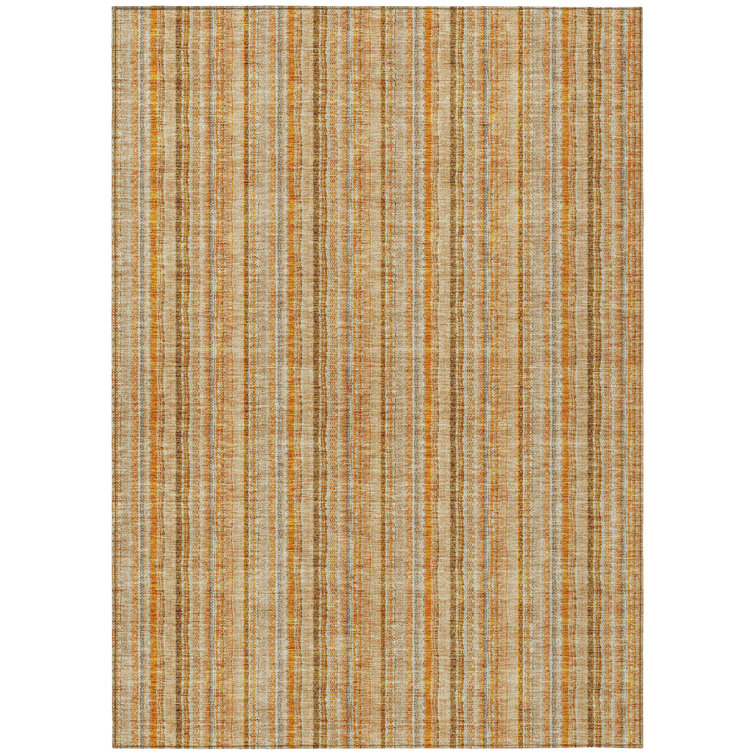 Peach and White Striped Synthetic Rectangular Washable Rug