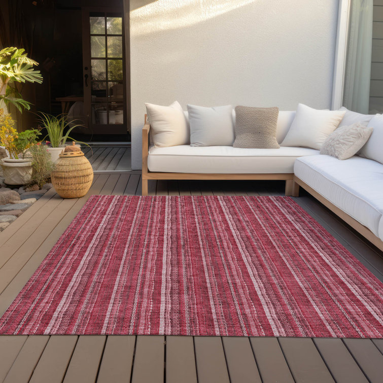 Pink and White Striped Synthetic Indoor/Outdoor Washable Rug