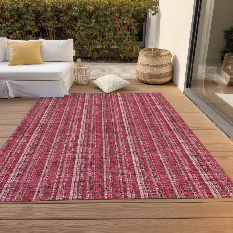 Pink and White Striped Synthetic Indoor/Outdoor Washable Rug