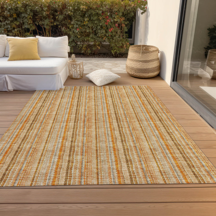Peach and White Striped Synthetic Rectangular Washable Rug