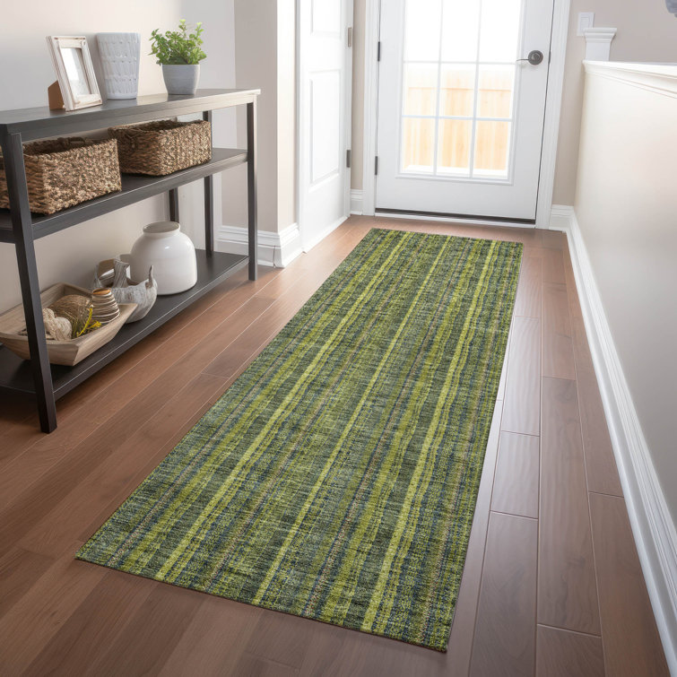 Olive and White Striped Synthetic Indoor/Outdoor Runner Rug