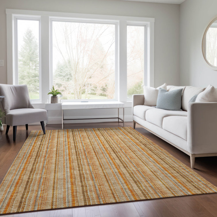Peach and White Striped Synthetic Rectangular Washable Rug