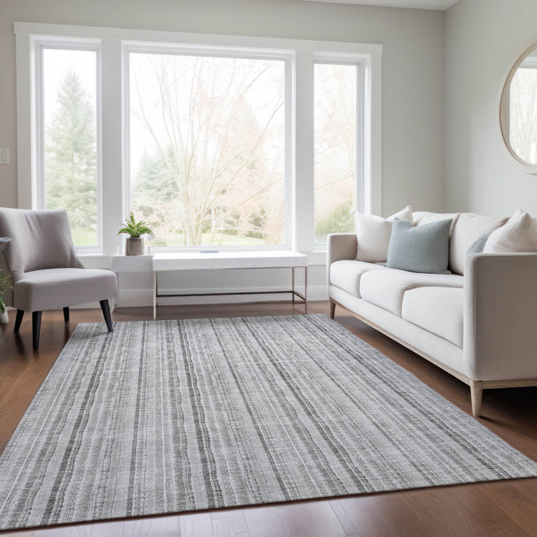 Silver and Gray Rectangular Synthetic Washable Rug, 2'6" x 3'10"