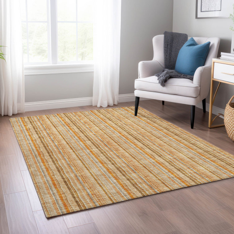 Peach and White Striped Synthetic Rectangular Washable Rug