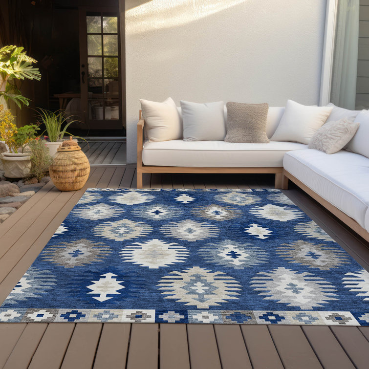 Navy and Beige Southwestern Synthetic Washable Rug