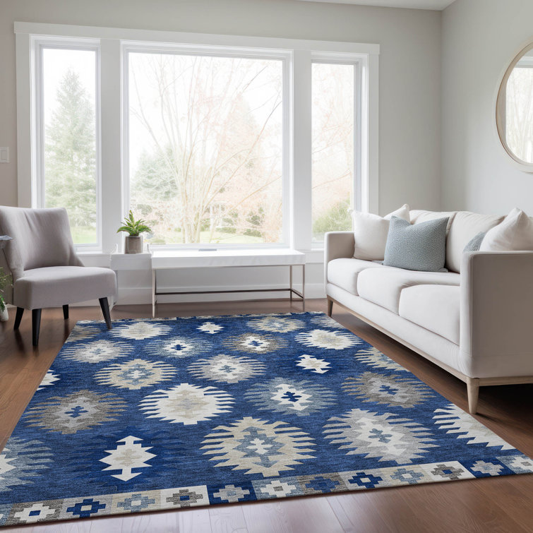 Navy and Beige Southwestern Synthetic Washable Rug