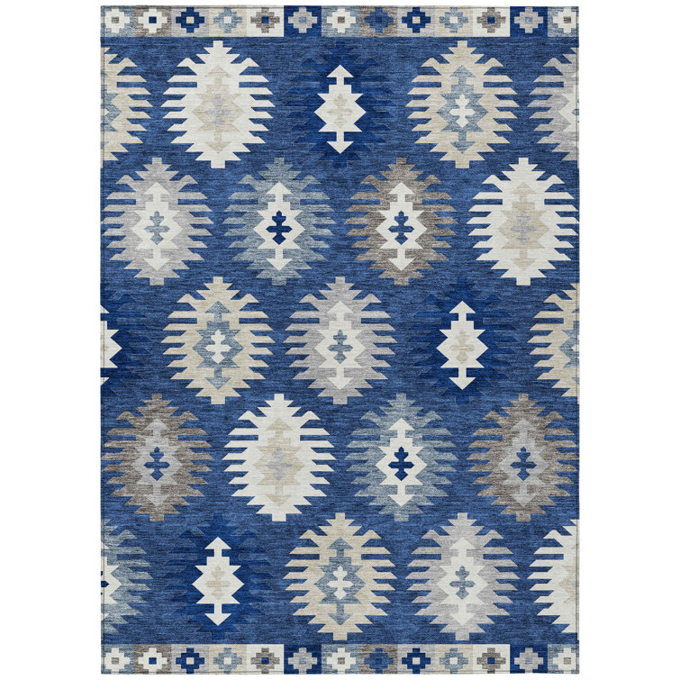 Navy and Beige Southwestern Synthetic Washable Rug