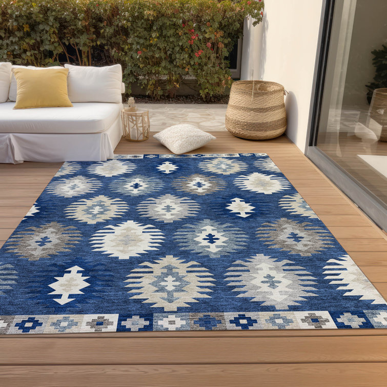 Navy and Beige Southwestern Synthetic Washable Rug