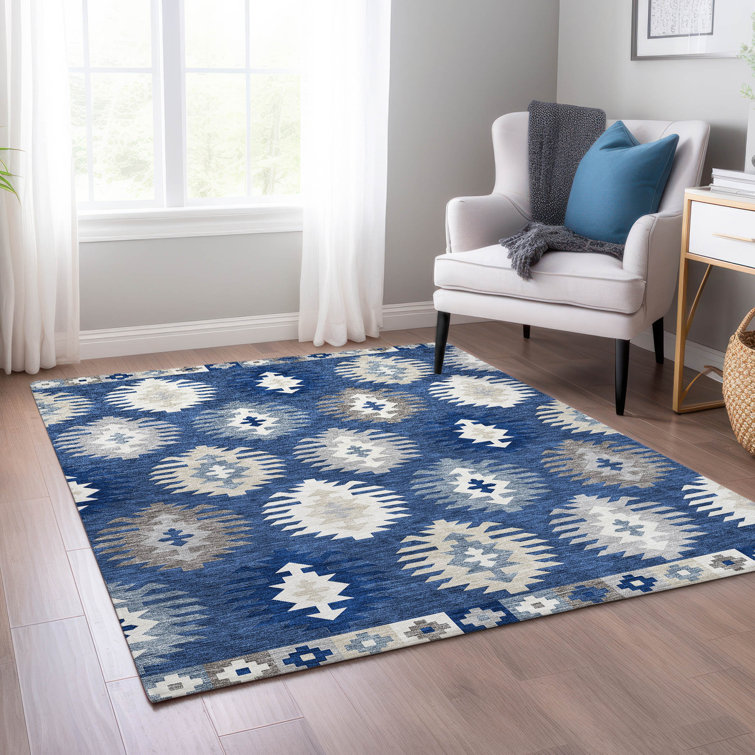 Navy and Beige Southwestern Synthetic Washable Rug