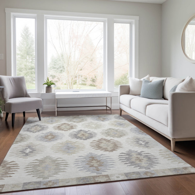 Ivory Rectangular Machine-Washable Indoor/Outdoor Area Rug