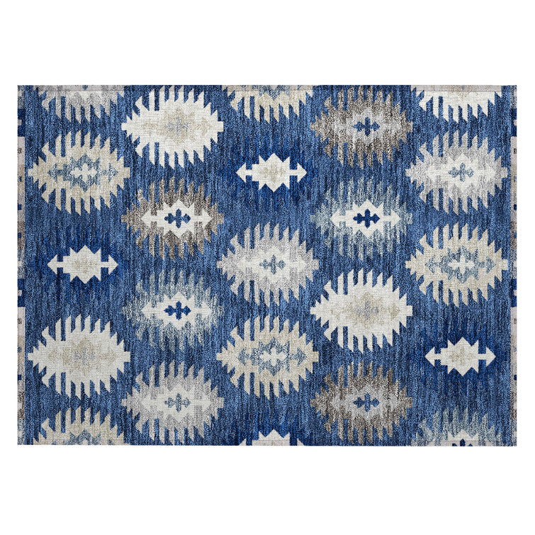 Navy and White Synthetic Flat Woven Rectangular Rug