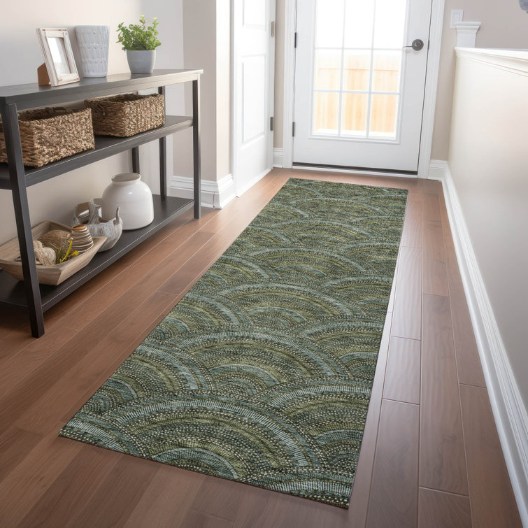 Olive Synthetic Machine-Washable Indoor/Outdoor Runner Rug