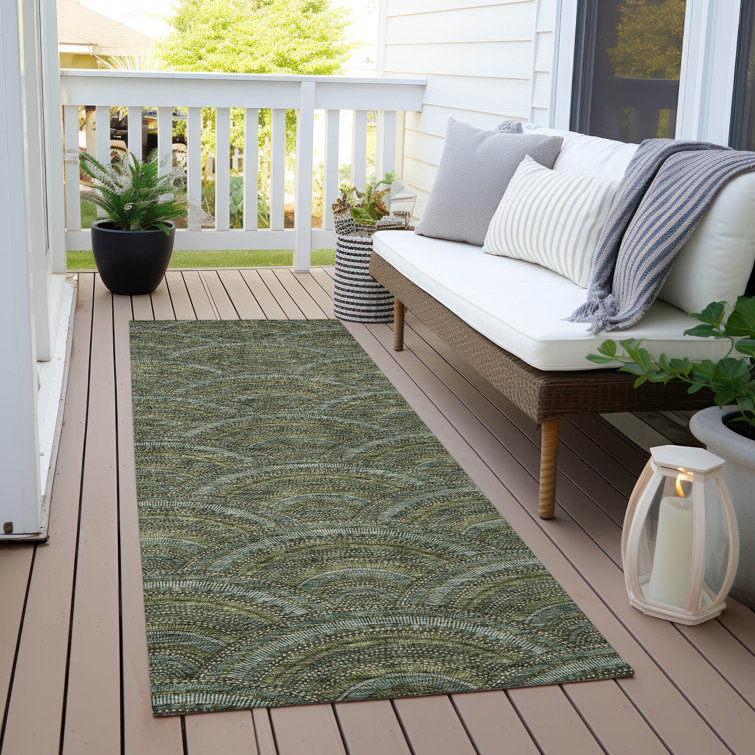Olive Synthetic Machine-Washable Indoor/Outdoor Runner Rug