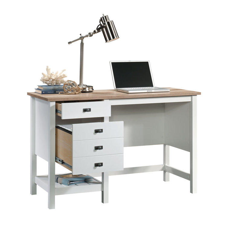 Soft White Coastal Home Office Desk with Lintel Oak Accent