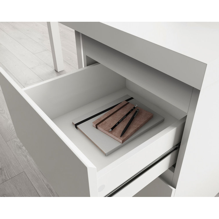 Executive White L-Shaped Desk with Filing Cabinet and Drawers