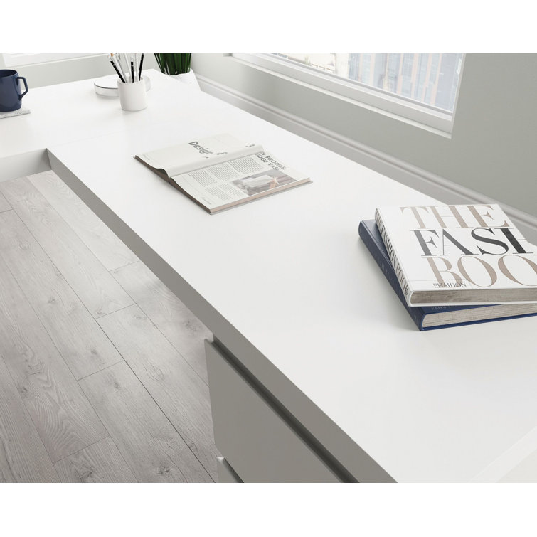 Executive White L-Shaped Desk with Filing Cabinet and Drawers