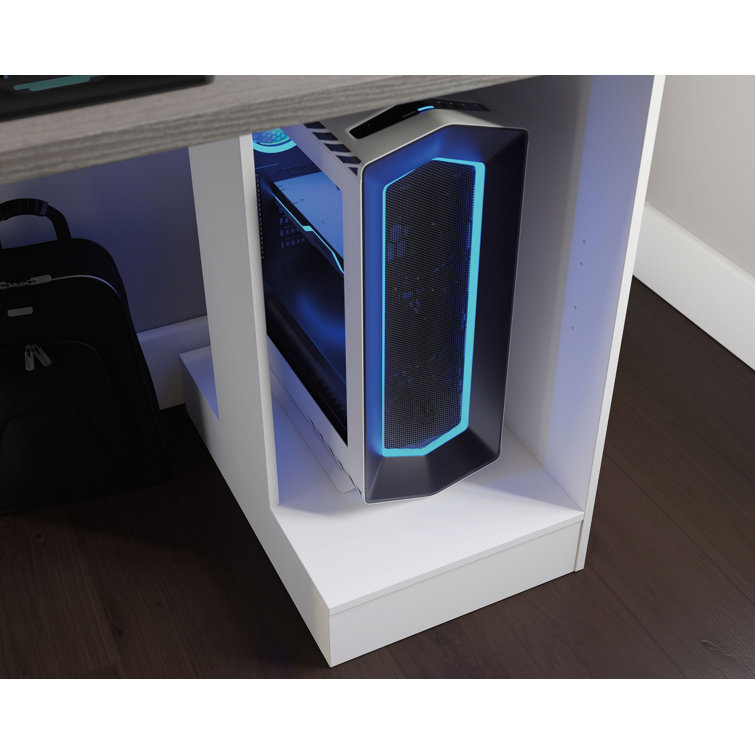 Versatile White Gaming Desk with Charcoal Ash Accents and Headphone Hook