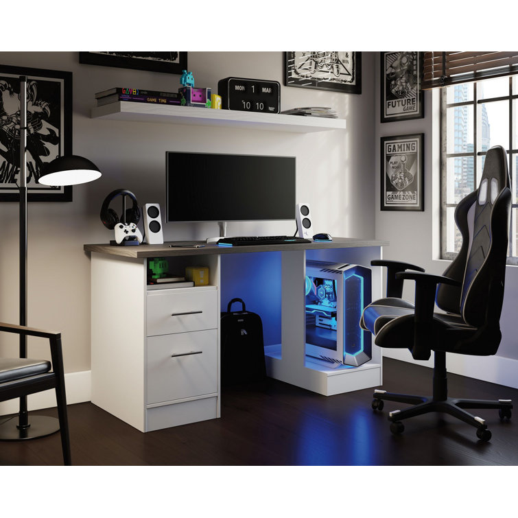 Versatile White Gaming Desk with Charcoal Ash Accents and Headphone Hook