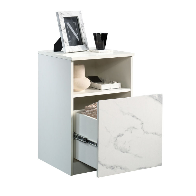 Pearl Oak and Faux White Marble Nightstand with Open Shelf
