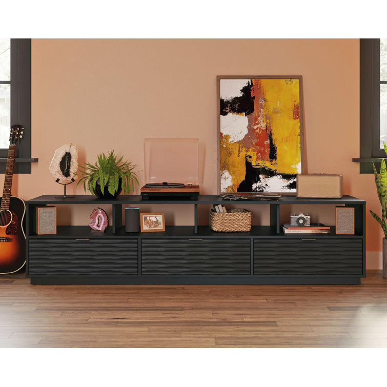 Sauder Morgan Main 85" Black Entertainment Credenza with Wave-Pattern Drawers