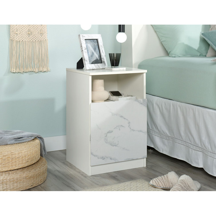 Pearl Oak and Faux White Marble Nightstand with Open Shelf
