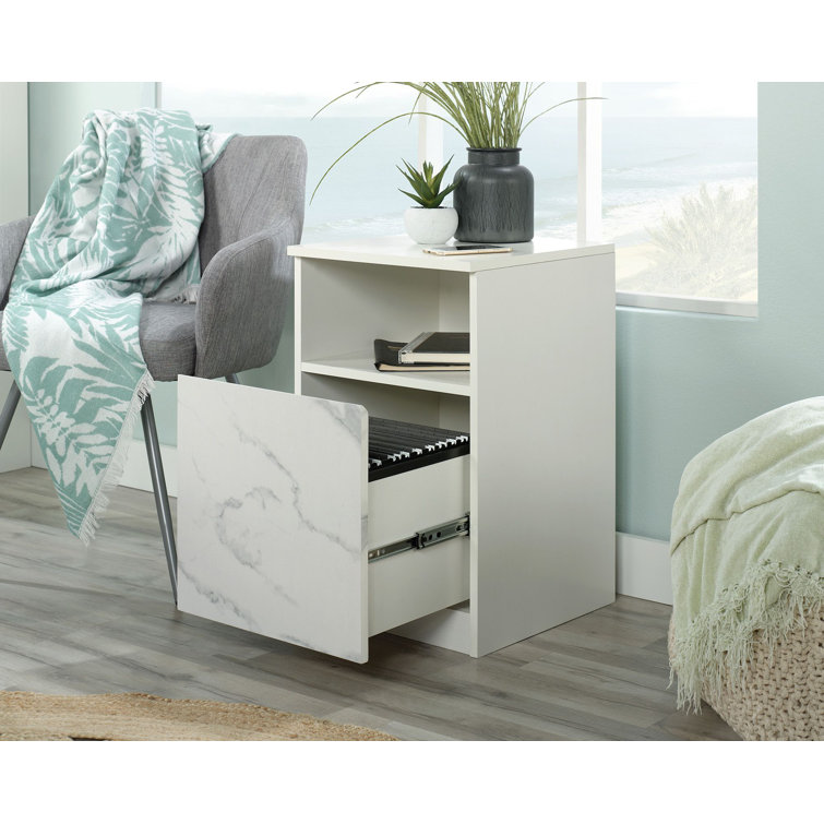Pearl Oak and Faux White Marble Nightstand with Open Shelf