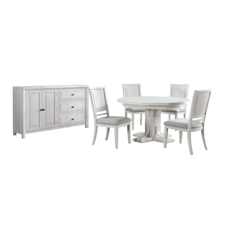 White Wood Oval Expandable Dining Table Set with Buffet and 4 Chairs