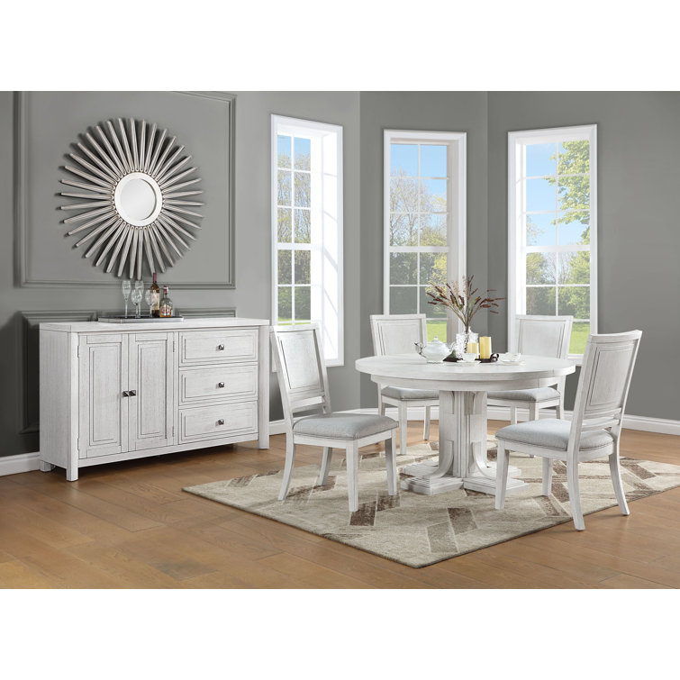 White Wood Oval Expandable Dining Table Set with Buffet and 4 Chairs